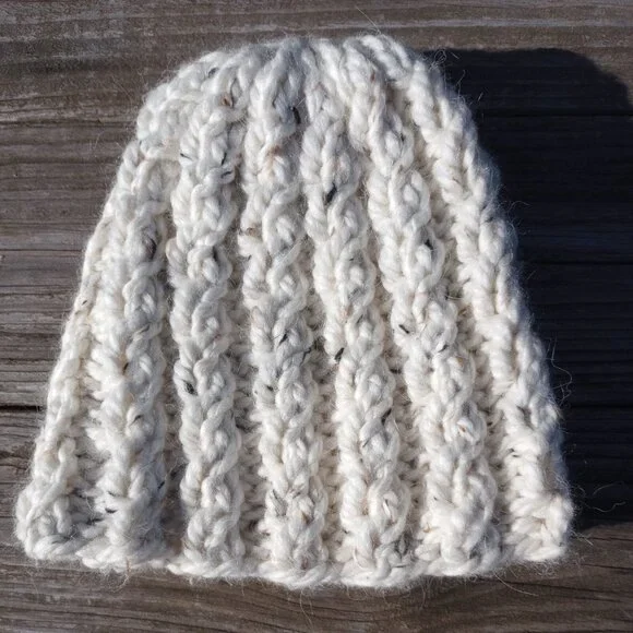 Alpaca Beanie Skully Hat Men Thick Chunky Hand Knit Wool Rib Biscotti White M-L - Picture 6 of 9